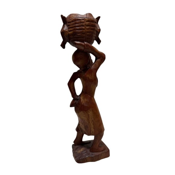Hand-Carved Wooden African Woman Figurine with Basket Decor - Picture 5 of 10